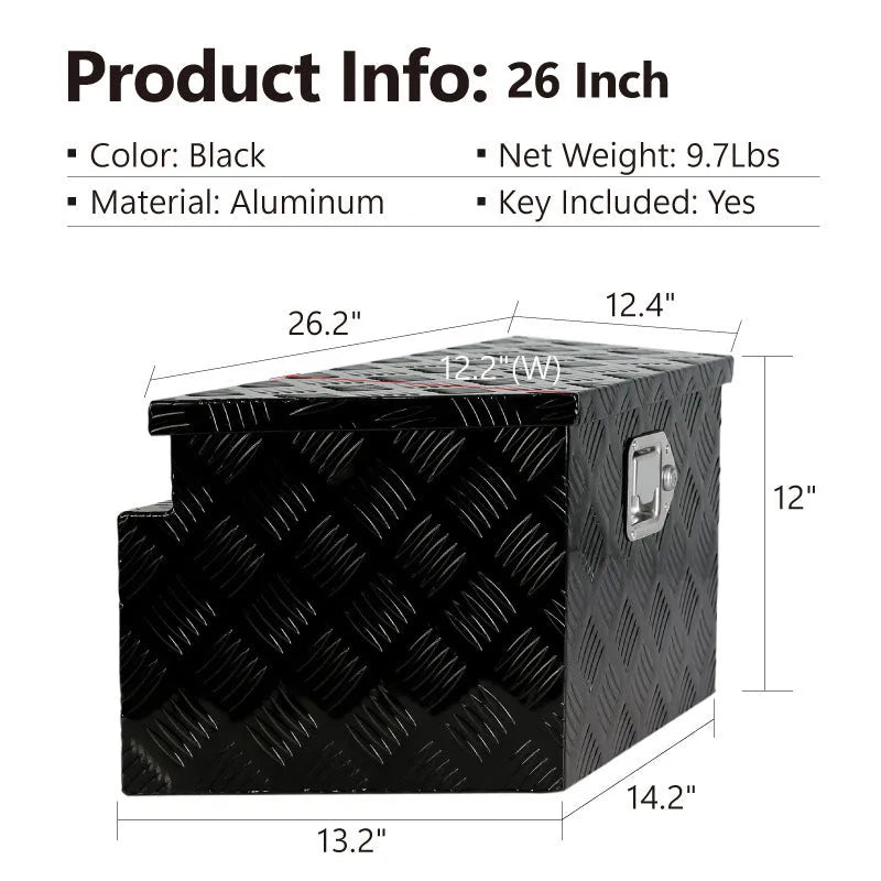 Black aluminium alloy 26-inch toolbox with T-casting construction for workshop tool storage