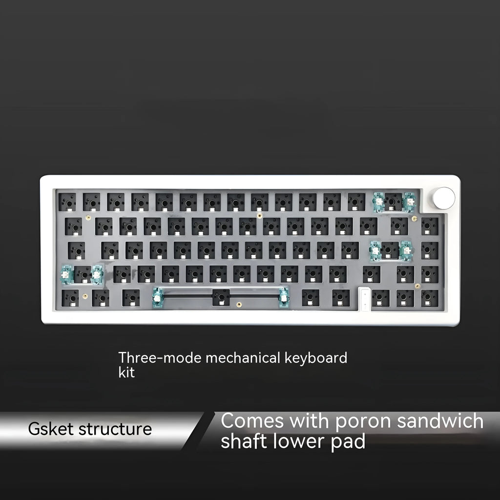DIY hot-swappable RGB mechanical keyboard kit with ABS chassis, rotary knob, and USB cable in multiple colours.