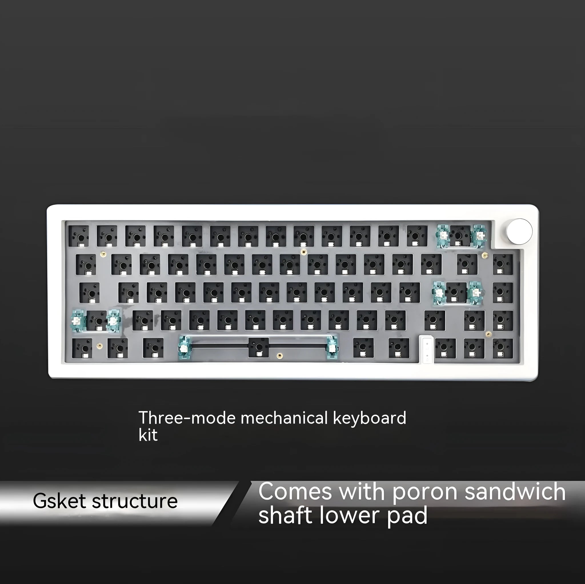 DIY hot-swappable RGB mechanical keyboard kit with ABS chassis, rotary knob, and USB cable in multiple colours.