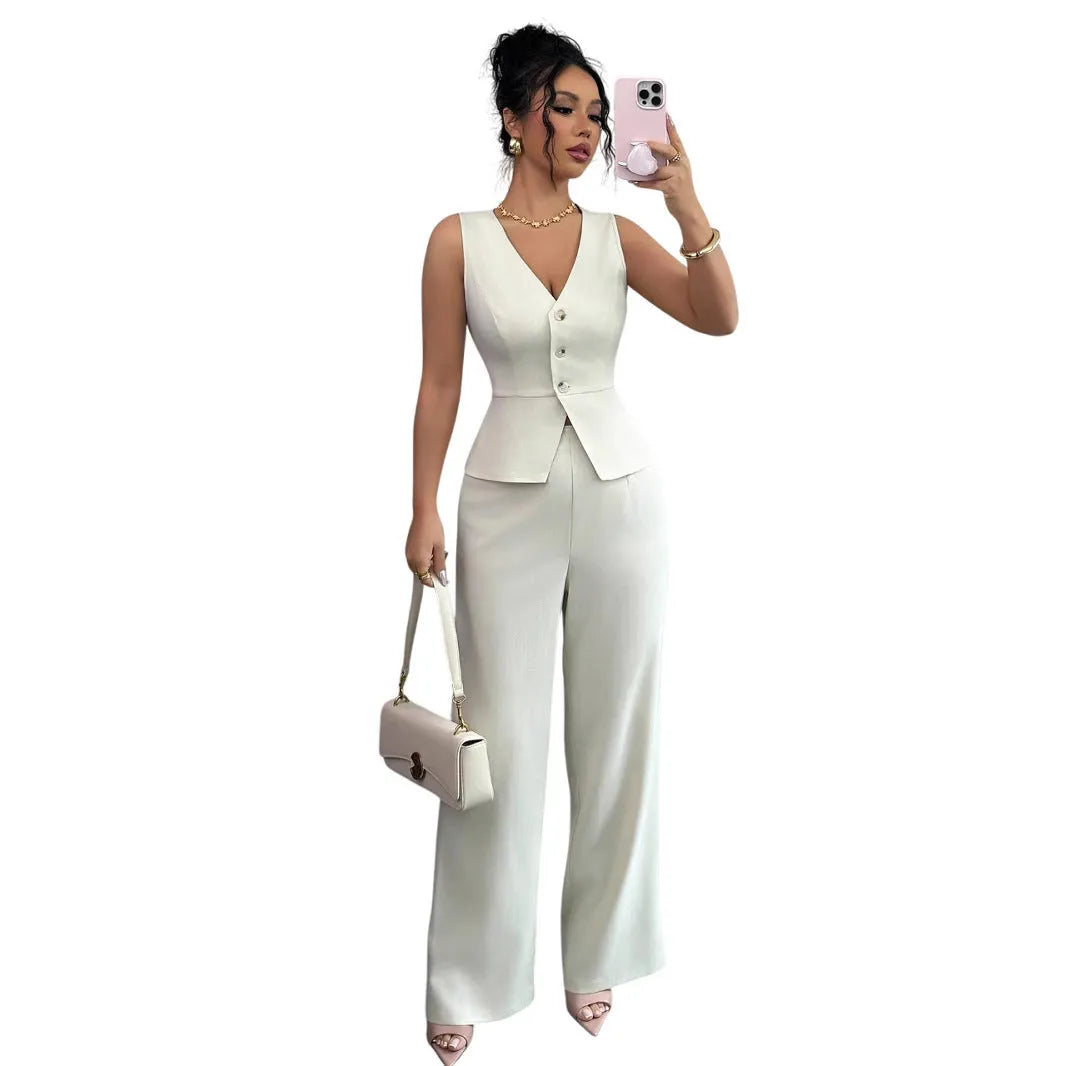 Japanese Korean style women's two-piece set with sleeveless vest and high waist trousers in solid colours