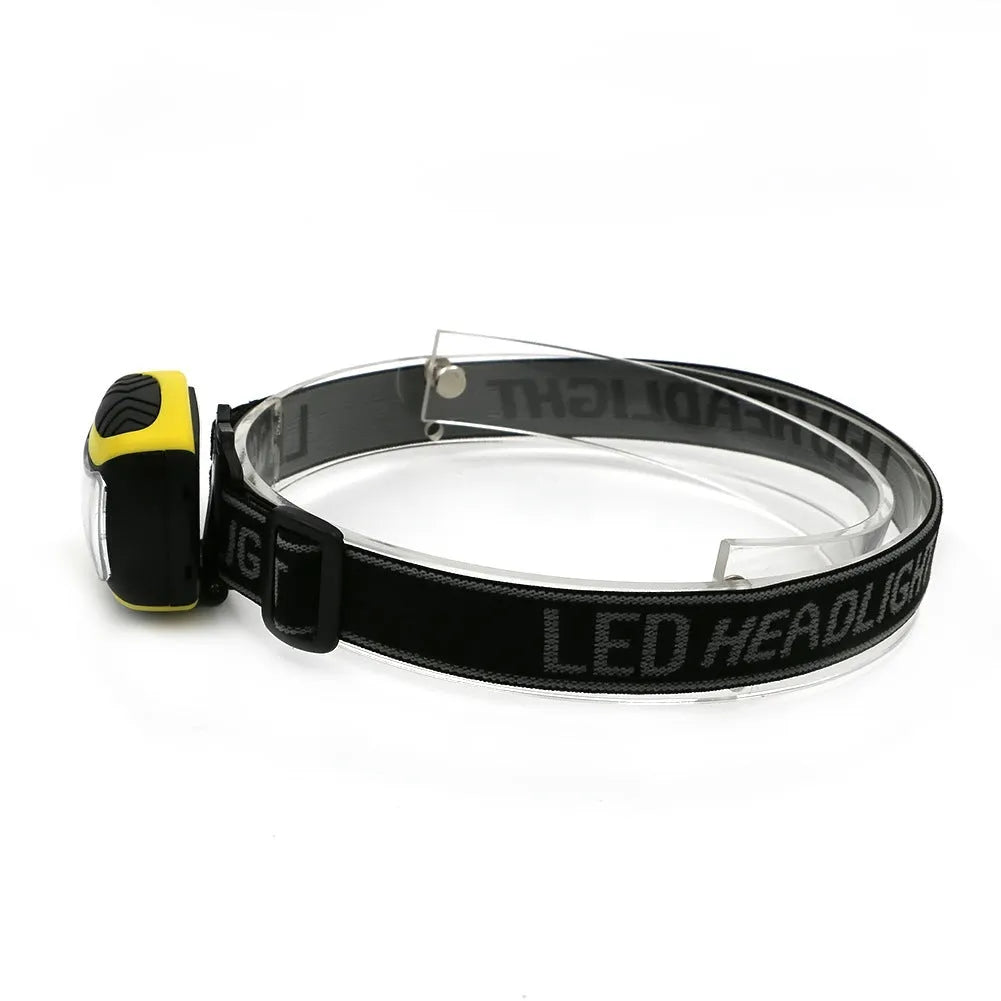Yellow three-speed COB headlamp with elastic head strap shown from the front.