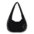 Soft plush casual tote handbag in retro style showing colour options including black, brown, green, red and coffee