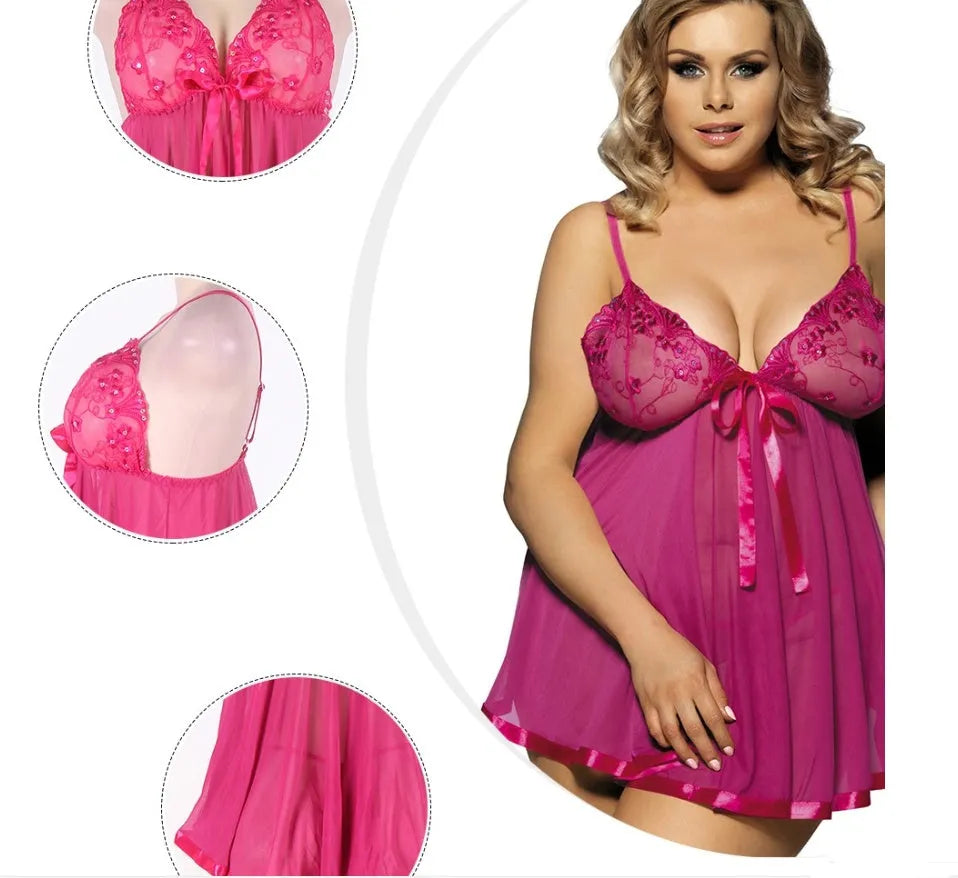 Women's plus size black mesh and lace lingerie sleep dress on a hanger.