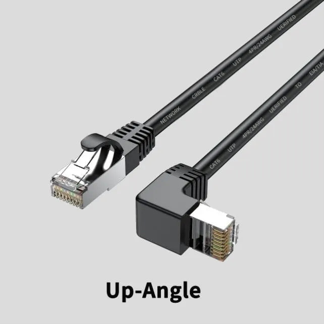 Cat6 Ethernet cable with right-angle metal RJ45 connector in black, shown alongside length and colour options.
