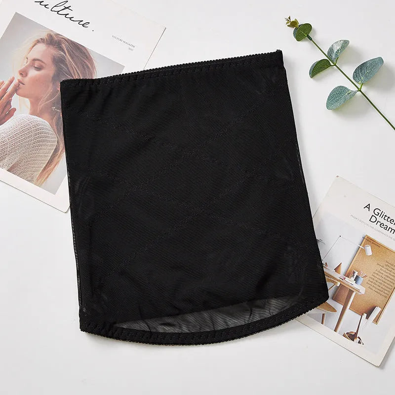 Black mesh postpartum waist trimming belt with cross strap design for tummy slimming.