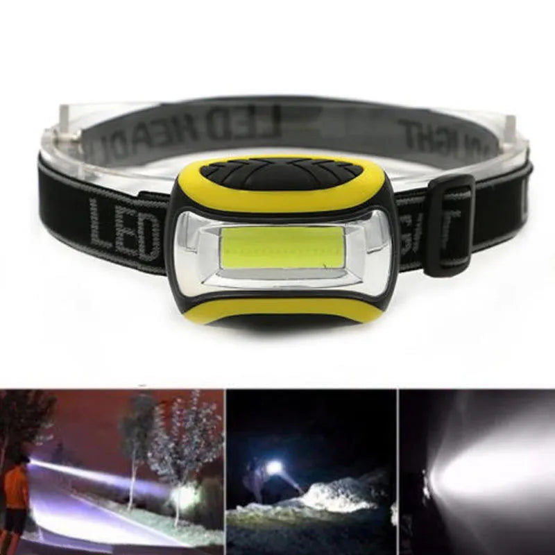 Yellow three-speed COB headlamp with elastic head strap shown from the front.