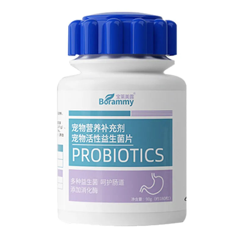 Bottle of pet probiotic tablets containing 180 tablets for dogs and cats digestive health