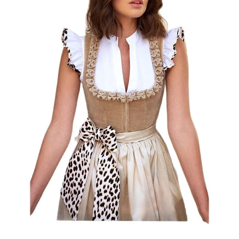 Khaki German Oktoberfest style women's dress made from cotton polyester blend fabric.
