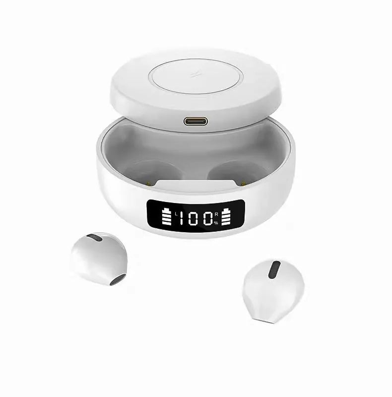 Mini small semi-in-ear wireless headphones with wireless charging case in black, white or colour