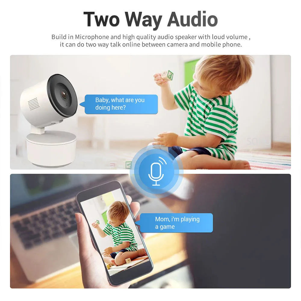 Indoor smart Wi‑Fi security camera with pan‑tilt base on a desk.