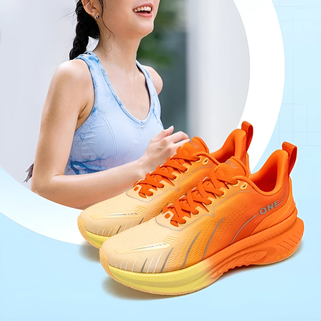 Red Rabbit colour low-top running shoes with stripe pattern, PU mesh upper, and rubber sole.