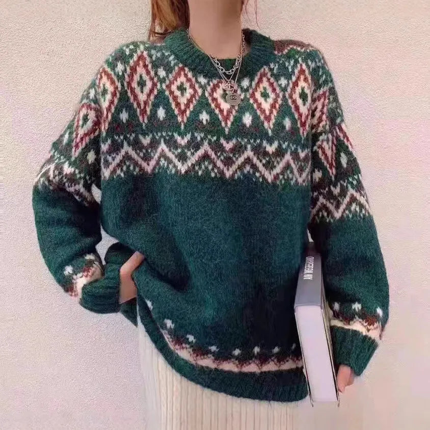Loose retro striped knitted pullover top in polyester with long sleeves
