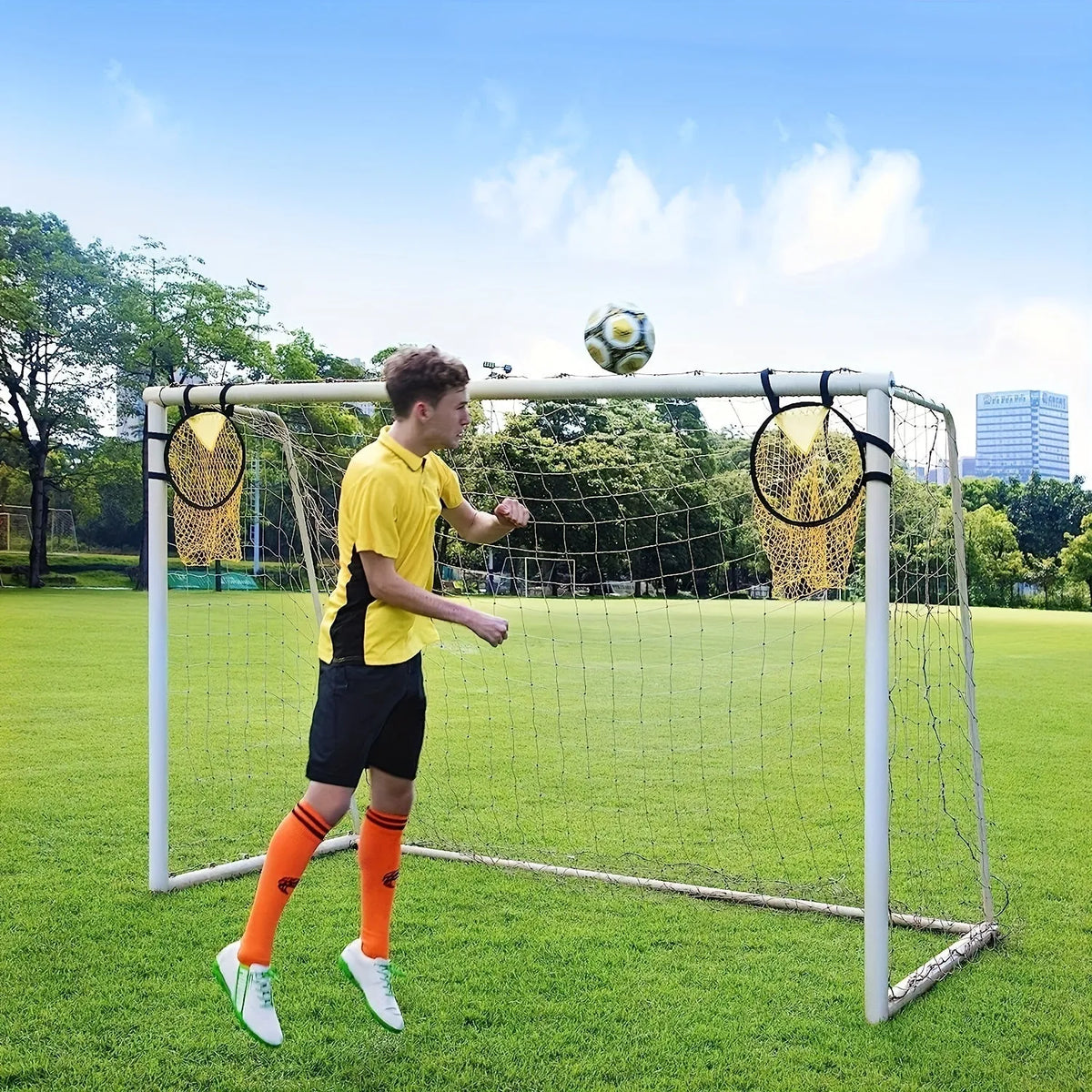 Portable black and yellow soccer training goal net for practice throwing drills