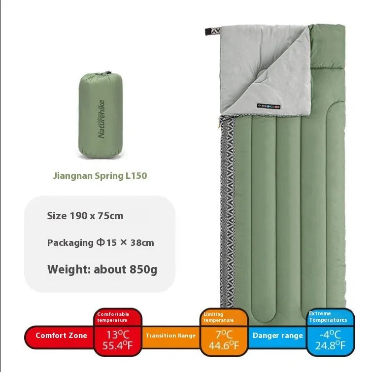 Four Seasons Universal portable hollow cotton camping sleeping bag with storage bag in swamp colour.