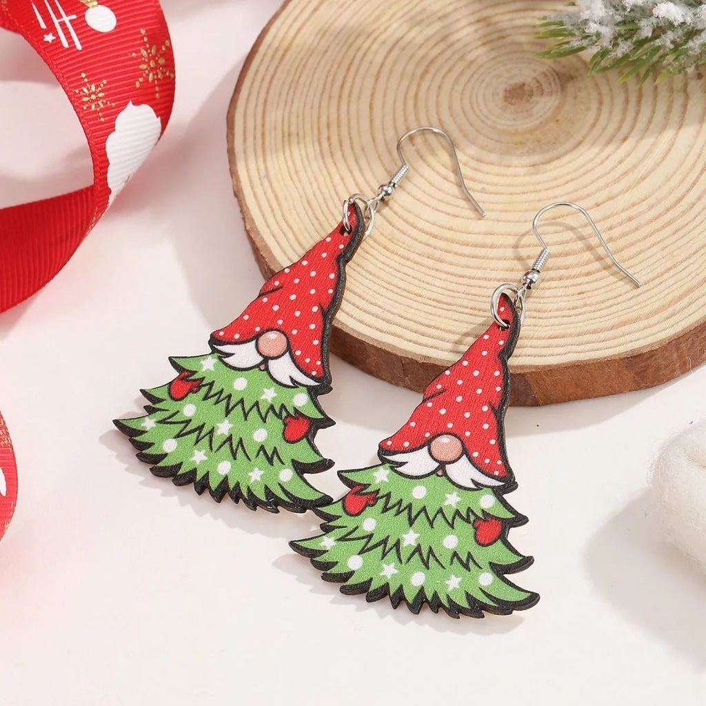 Wooden geometric earrings with printed Christmas tree and snowman designs