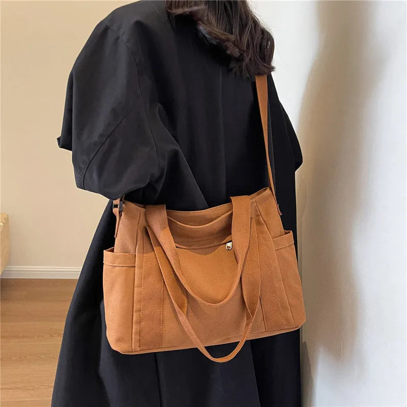 Large capacity polyester canvas shoulder tote bag with sandwich pocket and internal mobile phone compartment