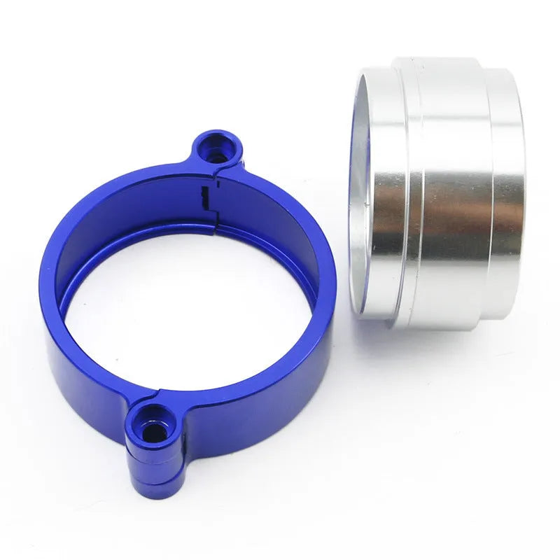 Aluminium fixed movement clamp for car turbine exhaust downspout in black, blue, or red.