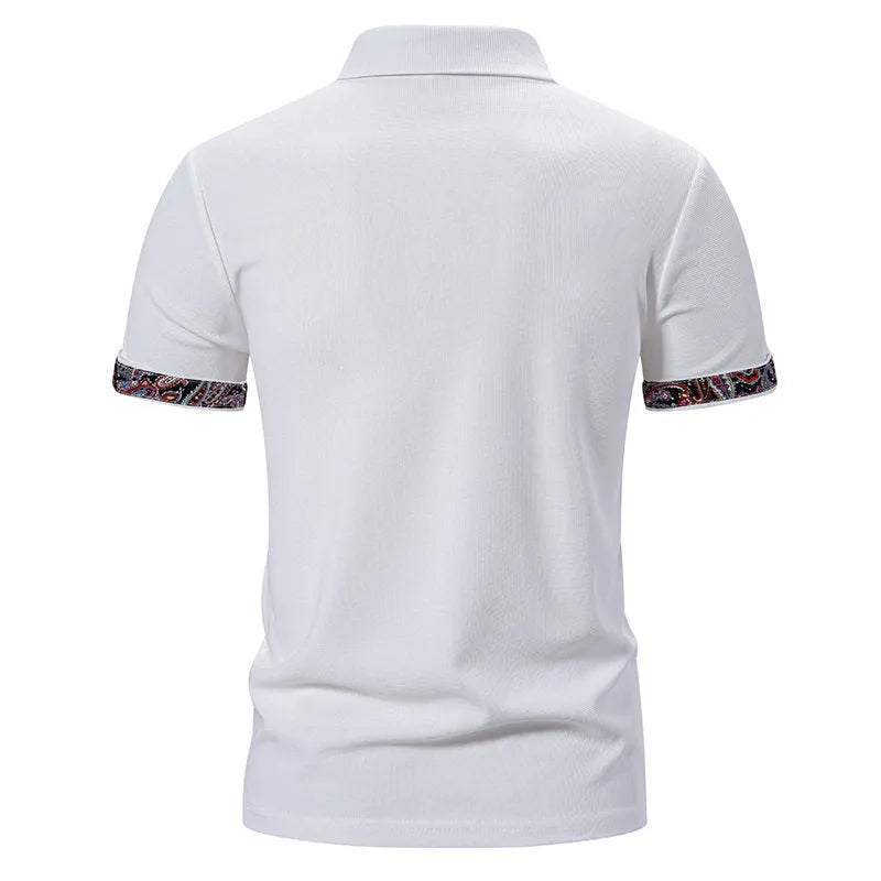 Men's cotton blend polo shirt with colour stitching on turnover collar in white, black, or navy blue