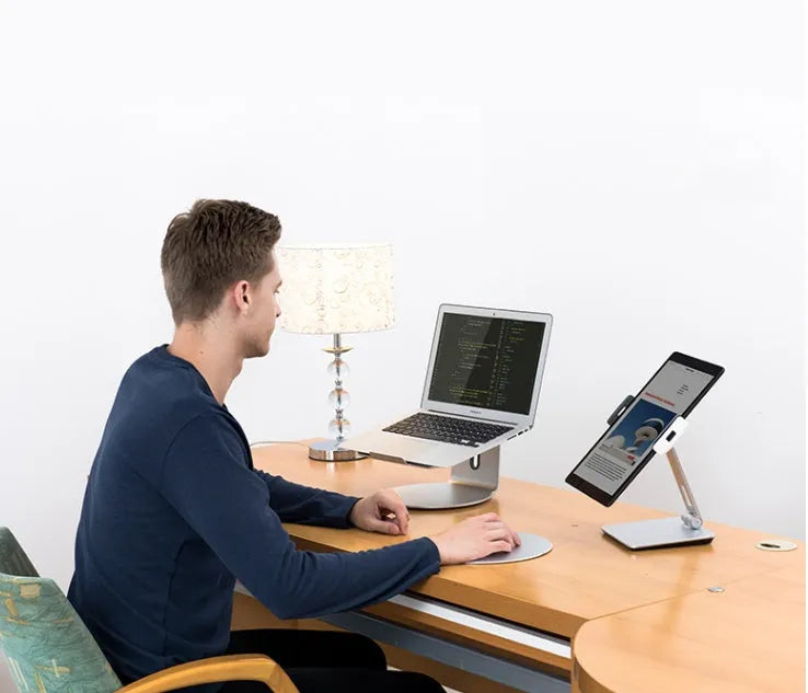 Aluminium folding desktop phone and tablet holder with 360-degree rotation in silver colour