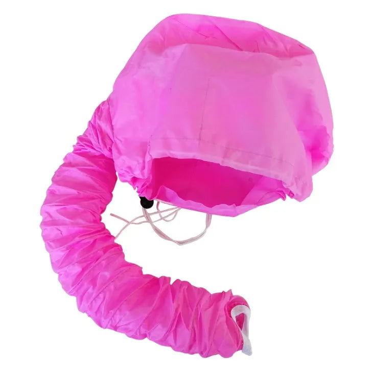 Hair dryer bonnet hood in pink or silver with drawstring and elastic tube end for fitting to a hair dryer.