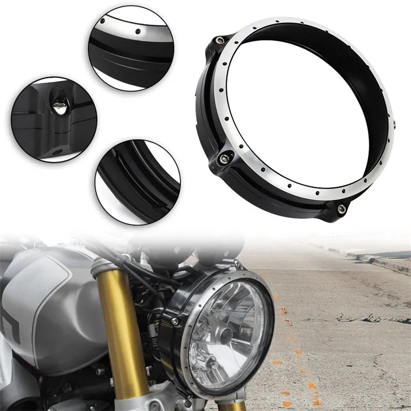 Black CNC aluminium headlight protective frame for a BMW R Nine T Scrambler motorcycle.
