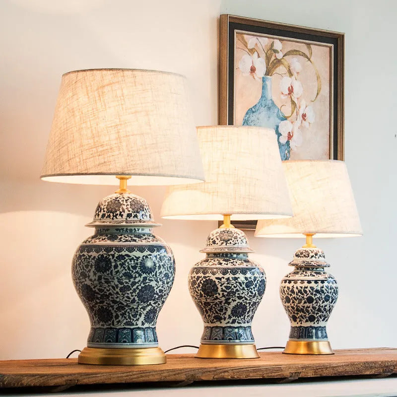 Chinese blue and white porcelain table lamp with handmade ceramic shade and copper base