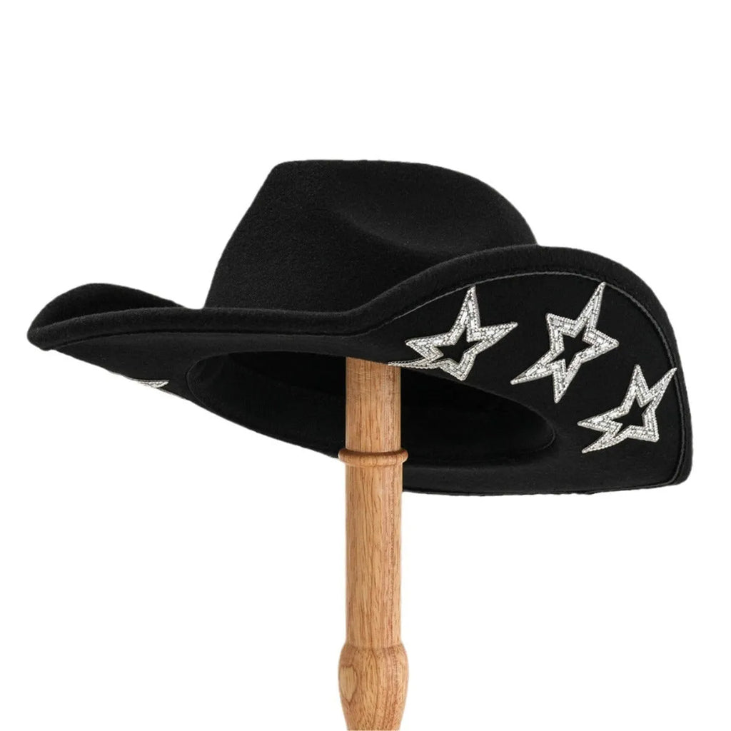 Western denim top hat in polyester woolen felt with conical crown and hexagonal star decoration