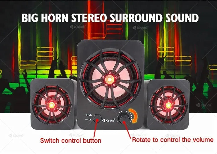 Green ABS plastic 2.1 USB computer speaker with colourful LED lights and dual connectivity ports