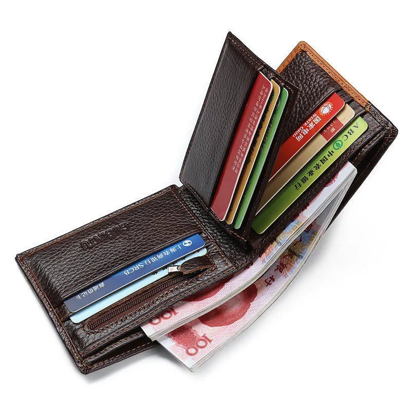 Korean style men's leather wallet in horizontal square design with contrast stitching