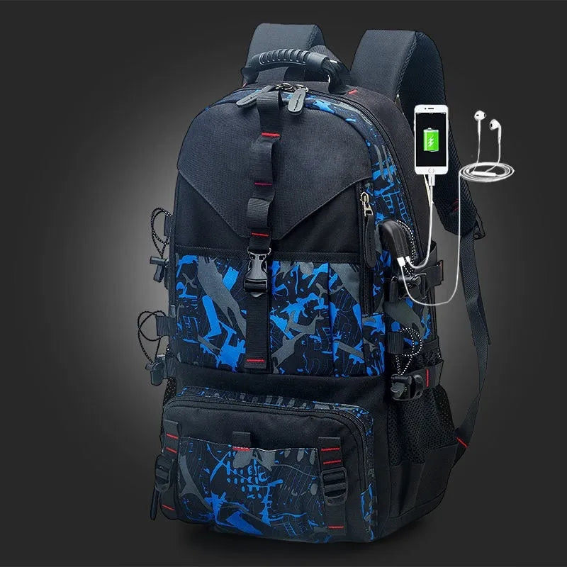 Men's waterproof Oxford cloth hiking backpack in camouflage colour with multiple compartments and air pillow belt system
