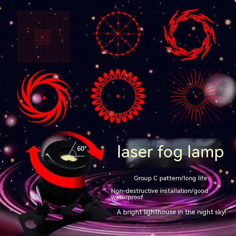 Red laser fog lamp for car or motorcycle with aluminium housing, shown with screws and mounting tape.