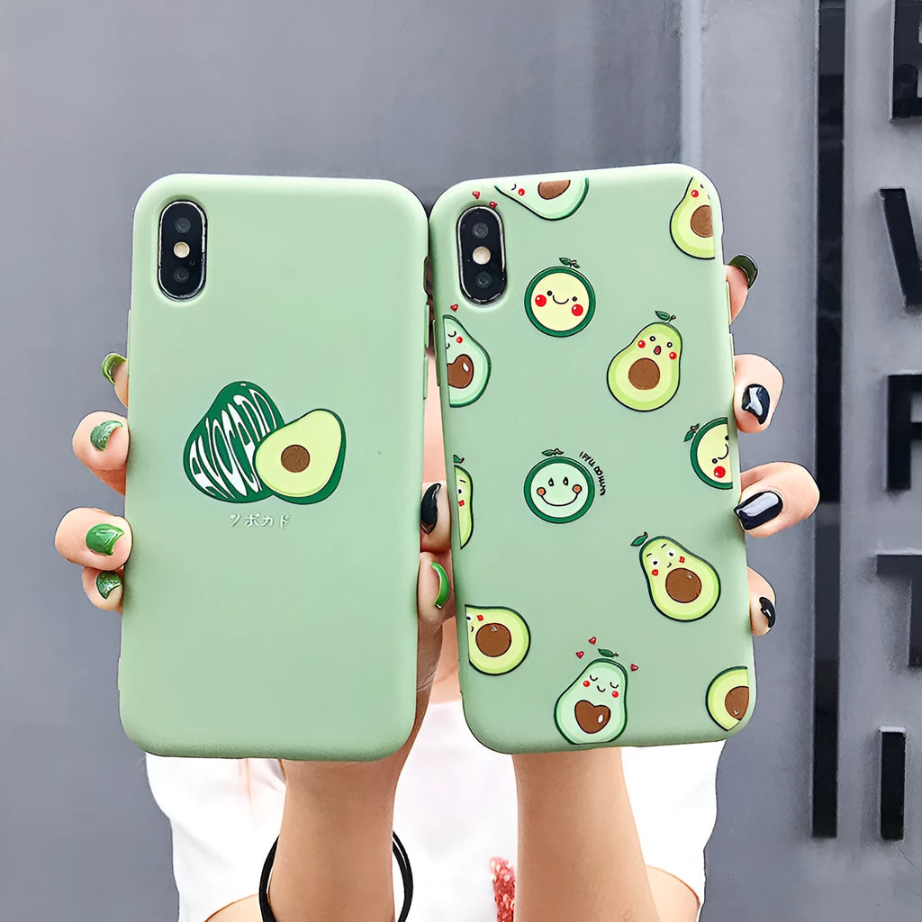 Green avocado cartoon printed flexible TPU back cover case for Apple iPhone mobile phones.