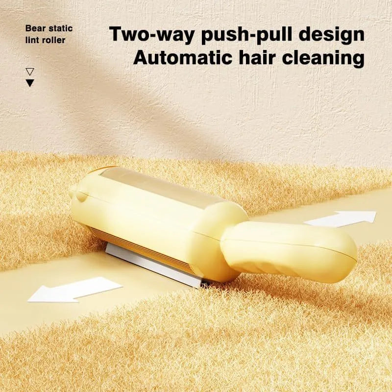 Blue reusable pet hair remover tool with self-cleaning base on a fabric sofa.