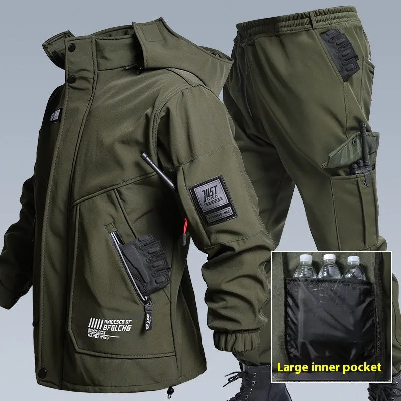 Fleece-lined waterproof jacket suit with shell jacket and pants, black army green grey khaki, sizes 165-190.