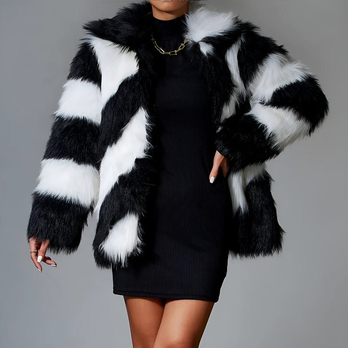 Women's faux fur coat with contrast lapel trim and detachable fur collar in picture colour