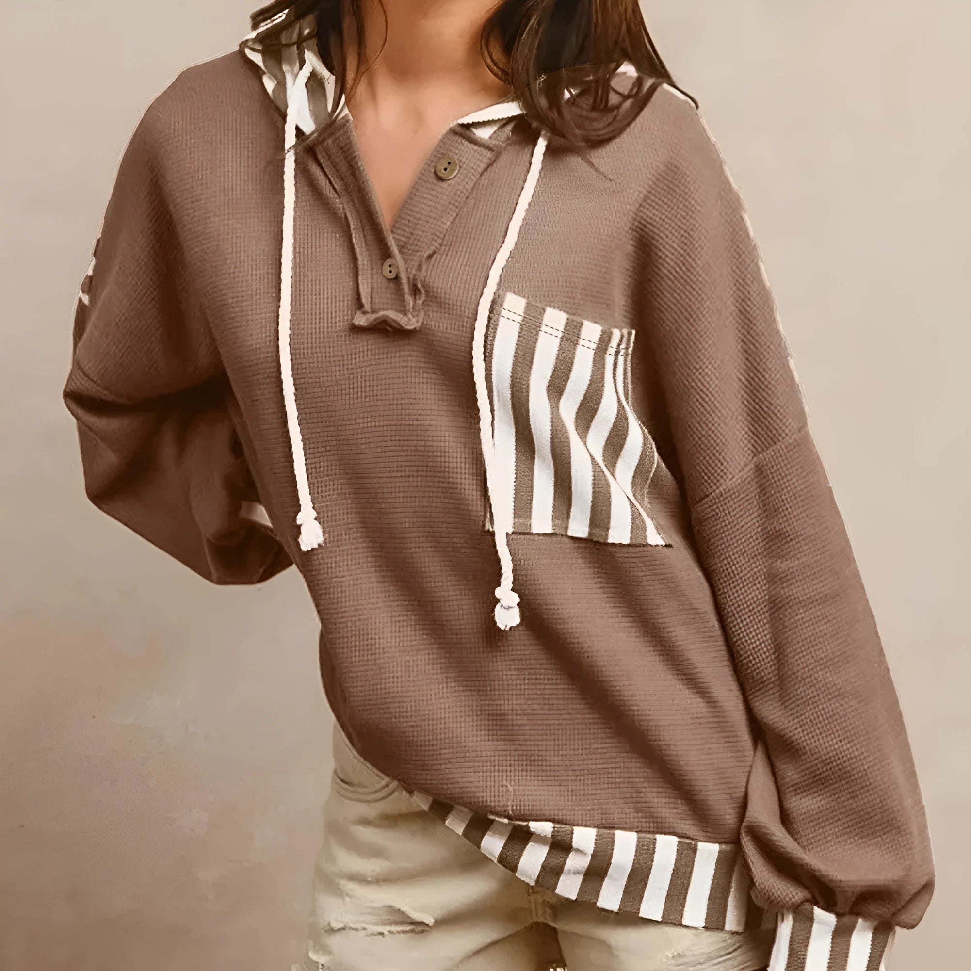 Straw yellow waffle texture striped patchwork button neck drawstring hoodie