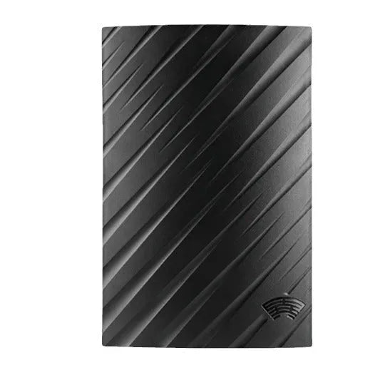 Black plastic digital television antenna with HD mode selector on a flat surface