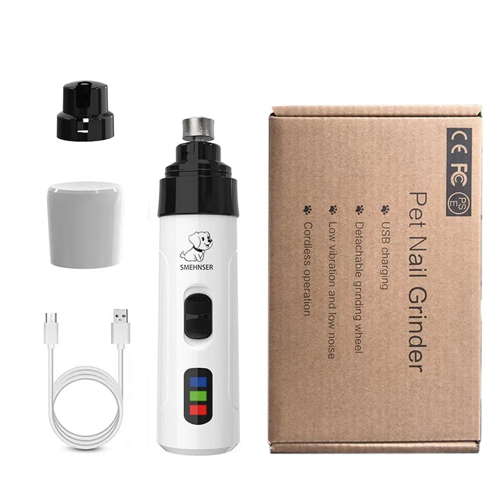 Automatic electric nail grinder for dogs showing digital display, LED indicators, and dust collection system