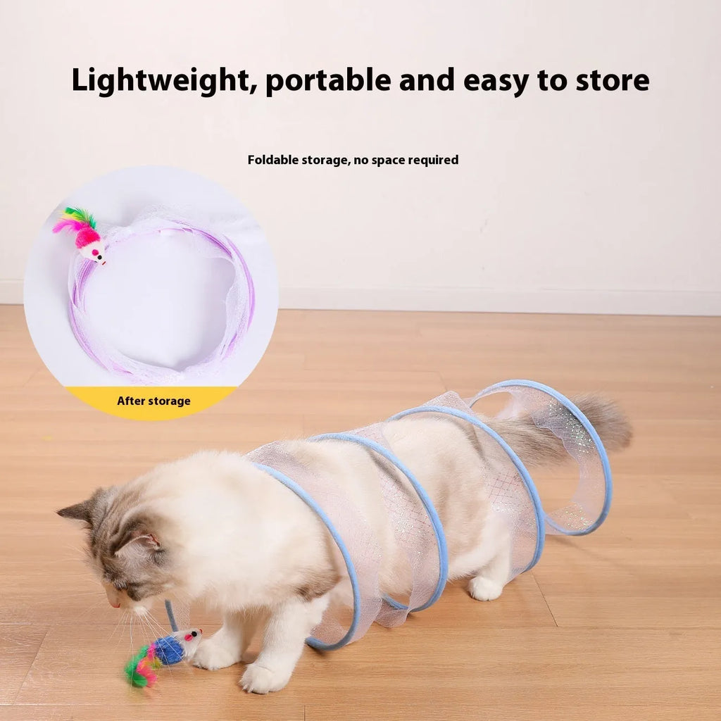 S-shaped cat tunnel with steel frame, elastic net and interior feather danglers