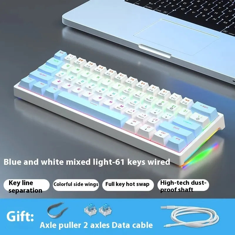 Blue and white 61-key mechanical keyboard with compact layout and hot-swappable switches