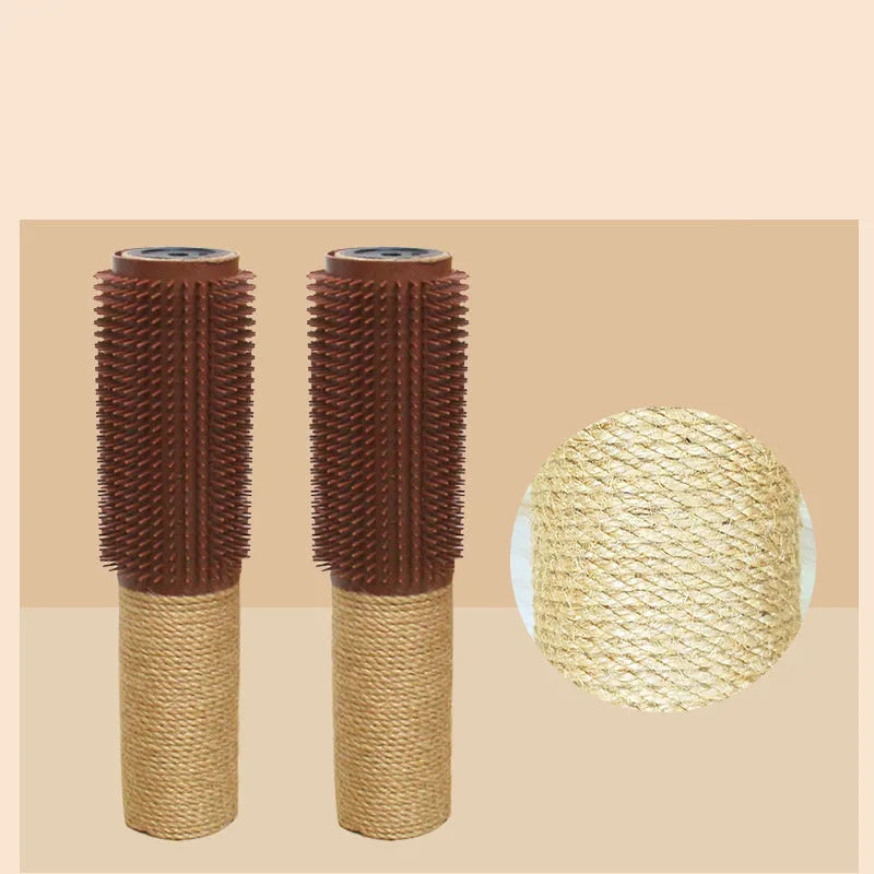 Brown sisal fibre cat scratching post on a wooden floor.