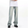 Blue retro casual trousers with loose fit and high elasticity rabbit fur fabric