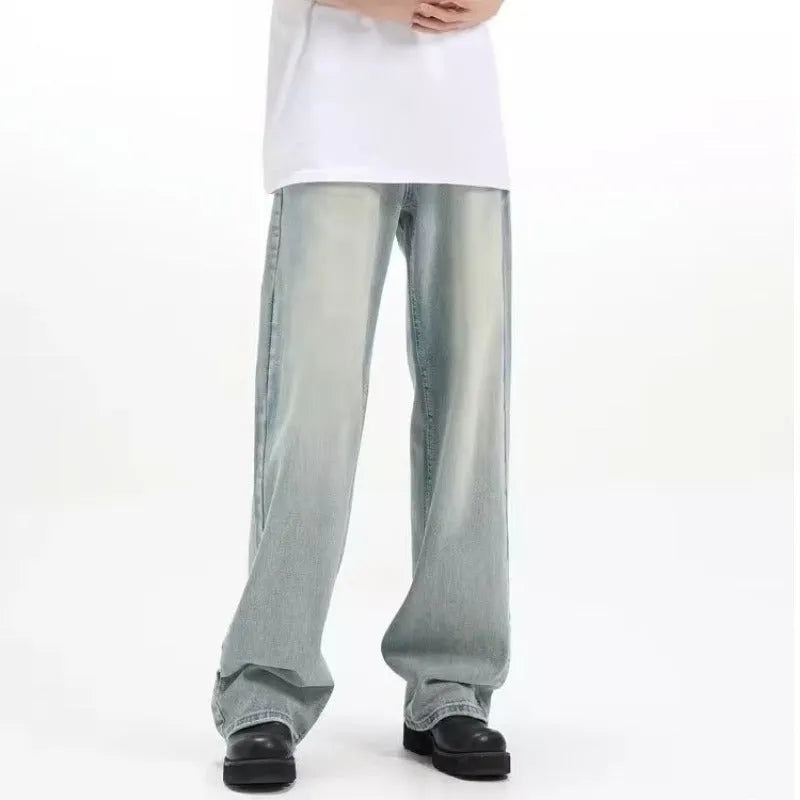 Blue retro casual trousers with loose fit and high elasticity rabbit fur fabric