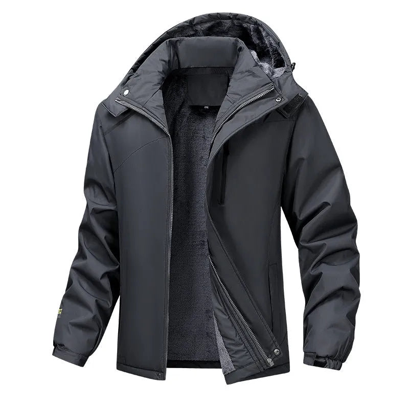 Men's plus size hooded winter coat in Army Green polyester, showcasing front zip and hood.