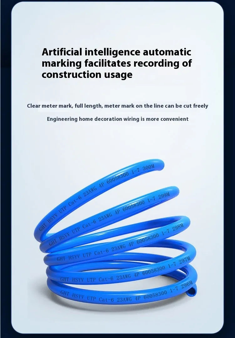 A blue 305 metre reel of Cat 6/6A gigabit Ethernet cable with oxygen-free copper core.