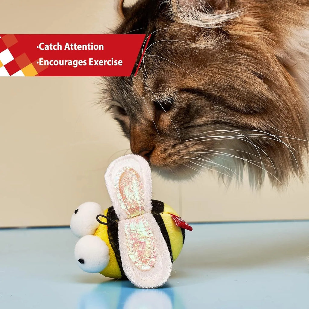 Yellow bee-shaped electronic cat toy with motion-activated chirping sound function
