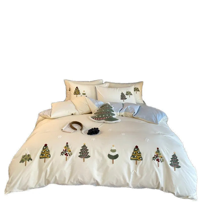 Pure cotton bedding set with Christmas tree embroidery showing duvet cover, sheet, and pillowcases