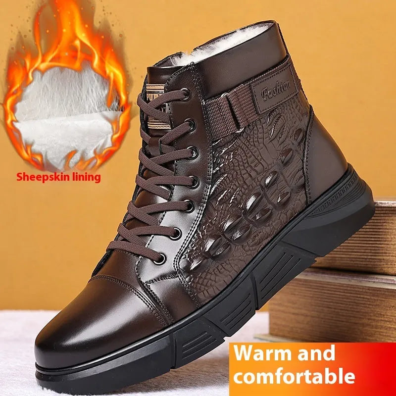 Women's black velvet fur-lined leather snow boots with rubber soles and front lace-up closure