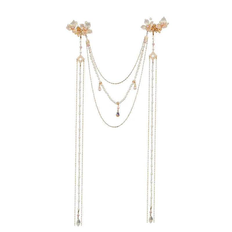 Gold grip women's hairpin with pearl and diamond flower design and long tassel decorations