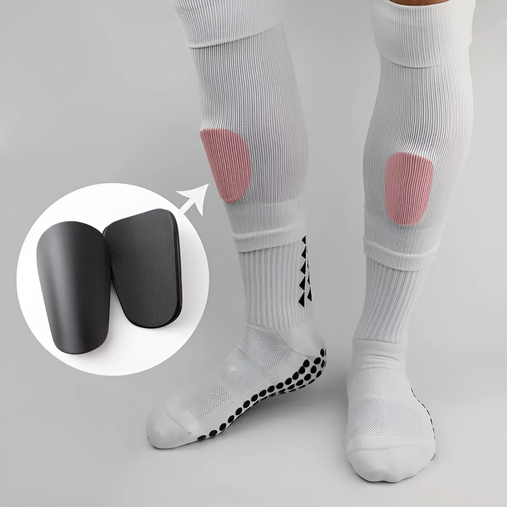 PU mini shin guards for sports protection in black, white, red, and blue colours.